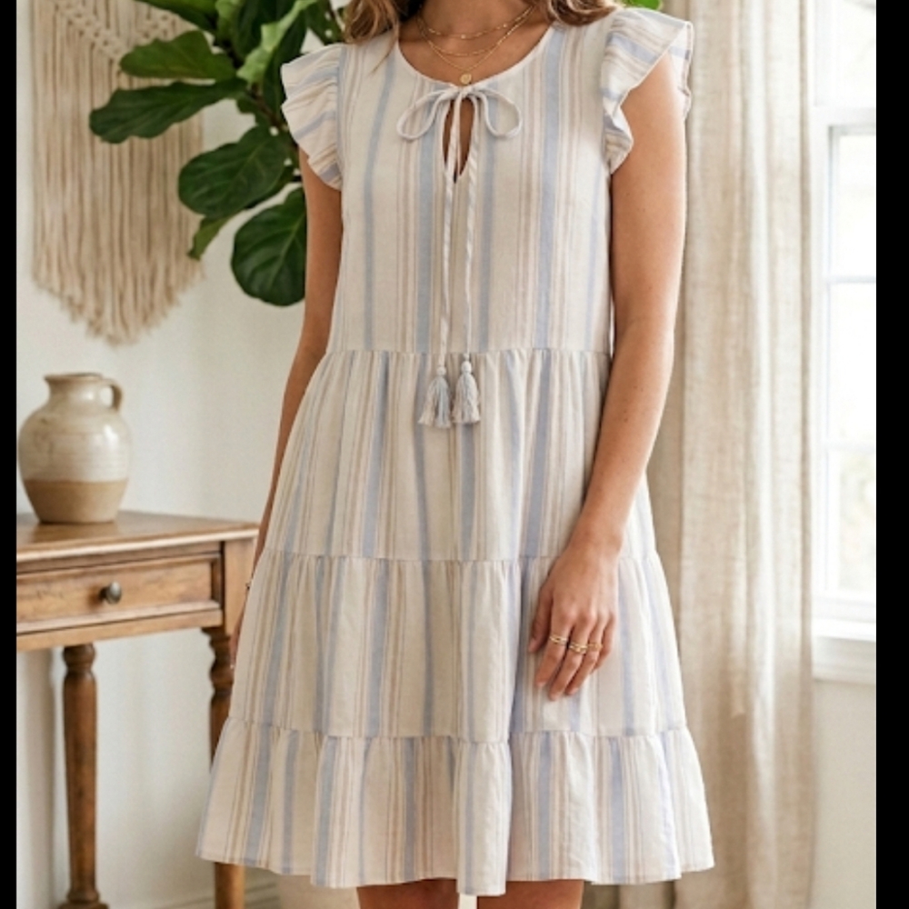 Altar'd state Striped Mini Dress Women's Medium White & Baby blue Tiered Cottage